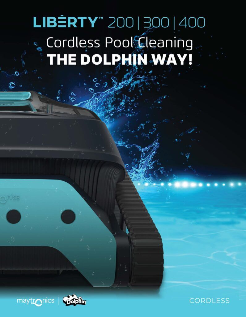 Liberty cordless pool cleaner with blue water splash and “The Dolphin Way” slogan on black background