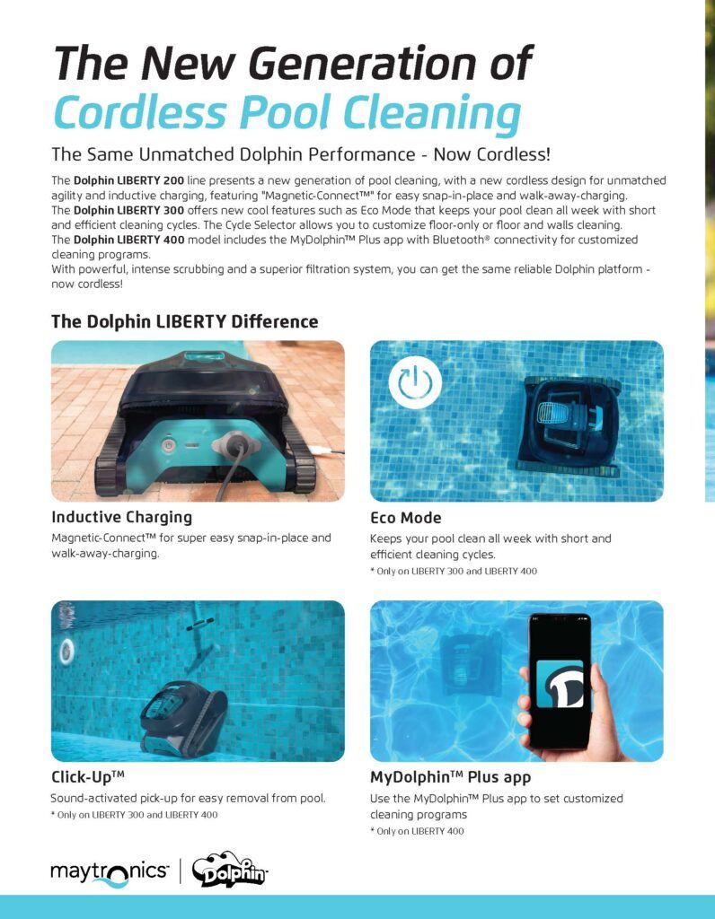 Promotional poster for cordless pool cleaning features with blue product photos and icons on white background
