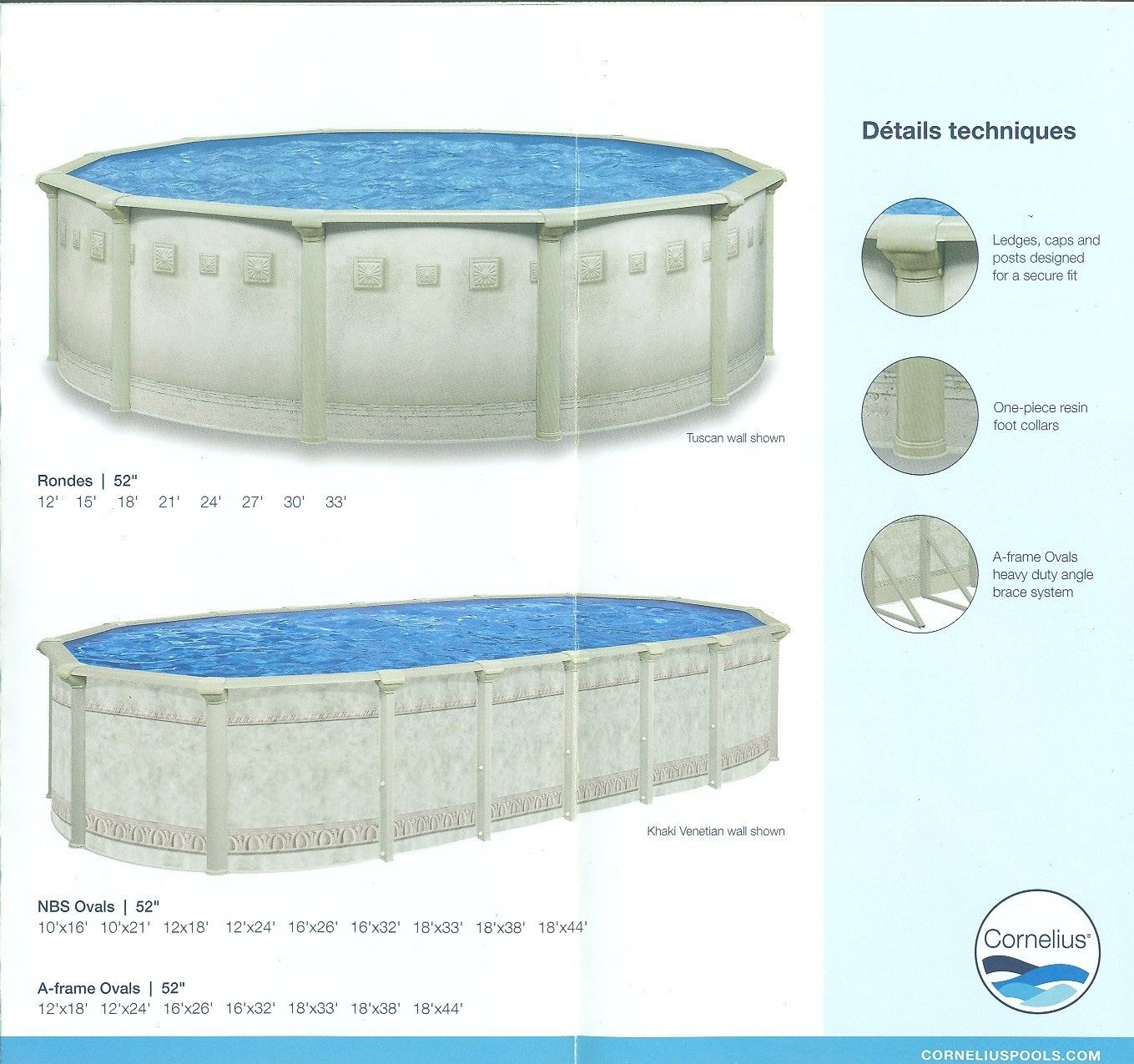 Diagram of an above-ground oval pool with blue water and detailed construction views on the right