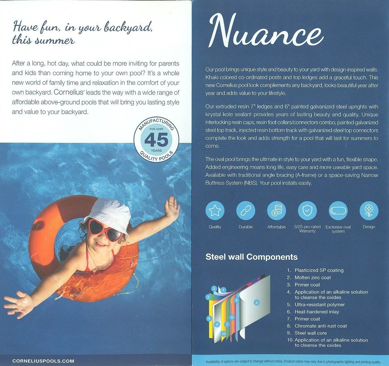 Brochure spread for Nuance with blue layout, swimmer in lifebuoy, and product details on the right
