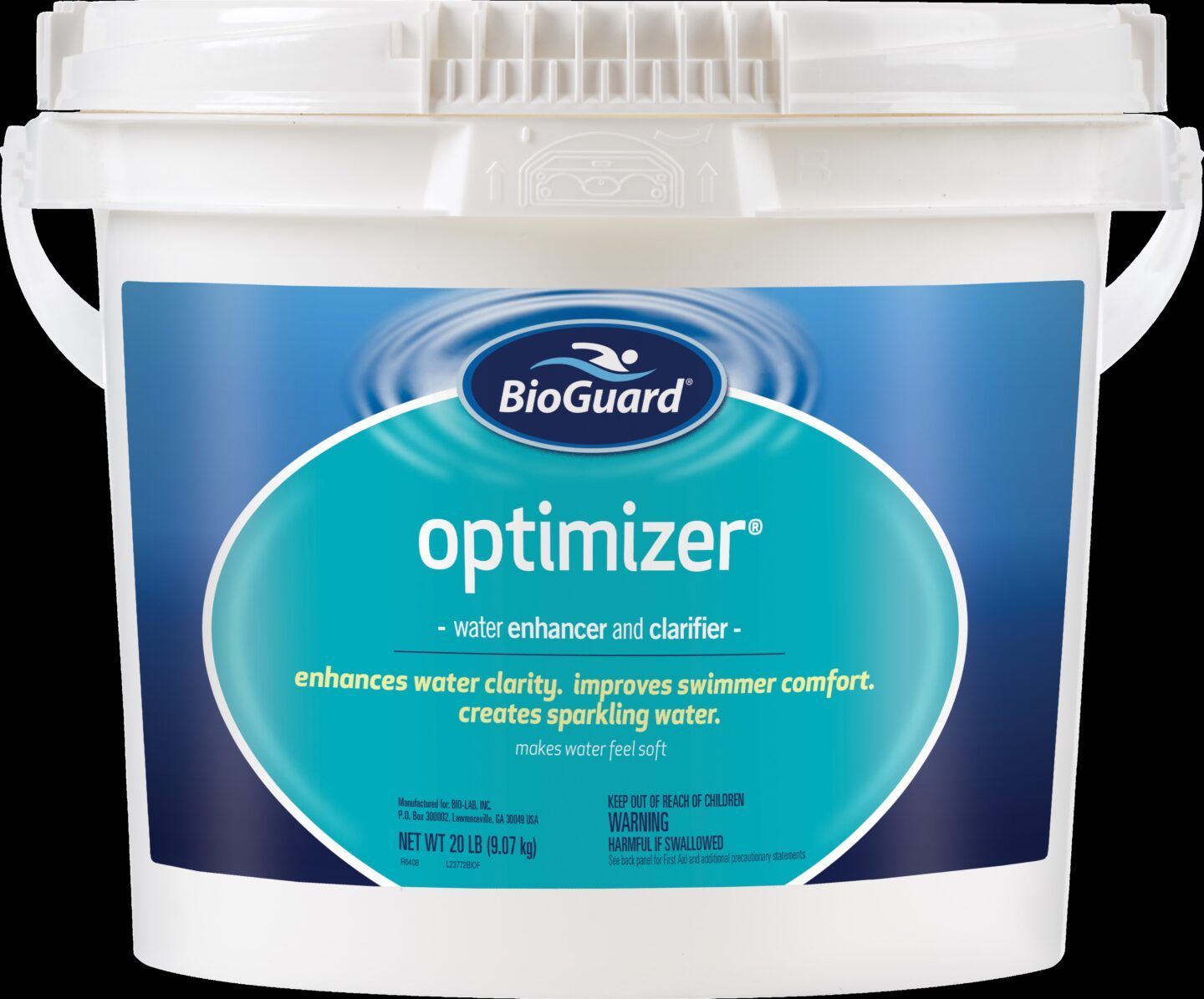 White BioGuard Optimizer pool chemical bucket with teal label and white lid