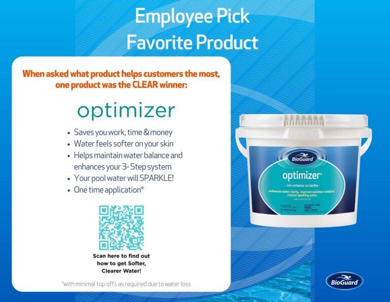Employee Pick Favorite Product ad for Optimizer water softener, blue background with product tub and feature text