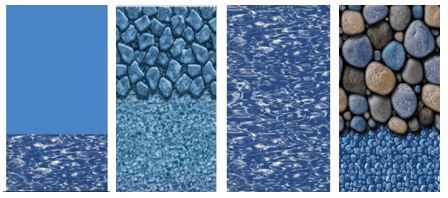 Blue stone and pebble textures in four vertical panels, including solid blue and pebbled surfaces
