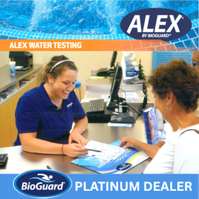 Alex Water Testing staff member assists customer at a desk in a BioGuard Platinum Dealer office.