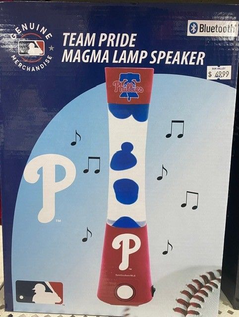 Philadelphia Phillies team-pride magma lamp speaker in red, white, and blue with music notes and MLB logo