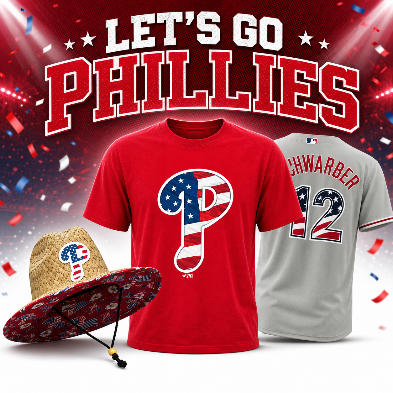 Philadelphia Phillies fan gear: red T-shirt, gray jersey, and straw hat with team logo, under