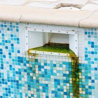 Pool skimmer opening with algae streaks on blue mosaic tiles