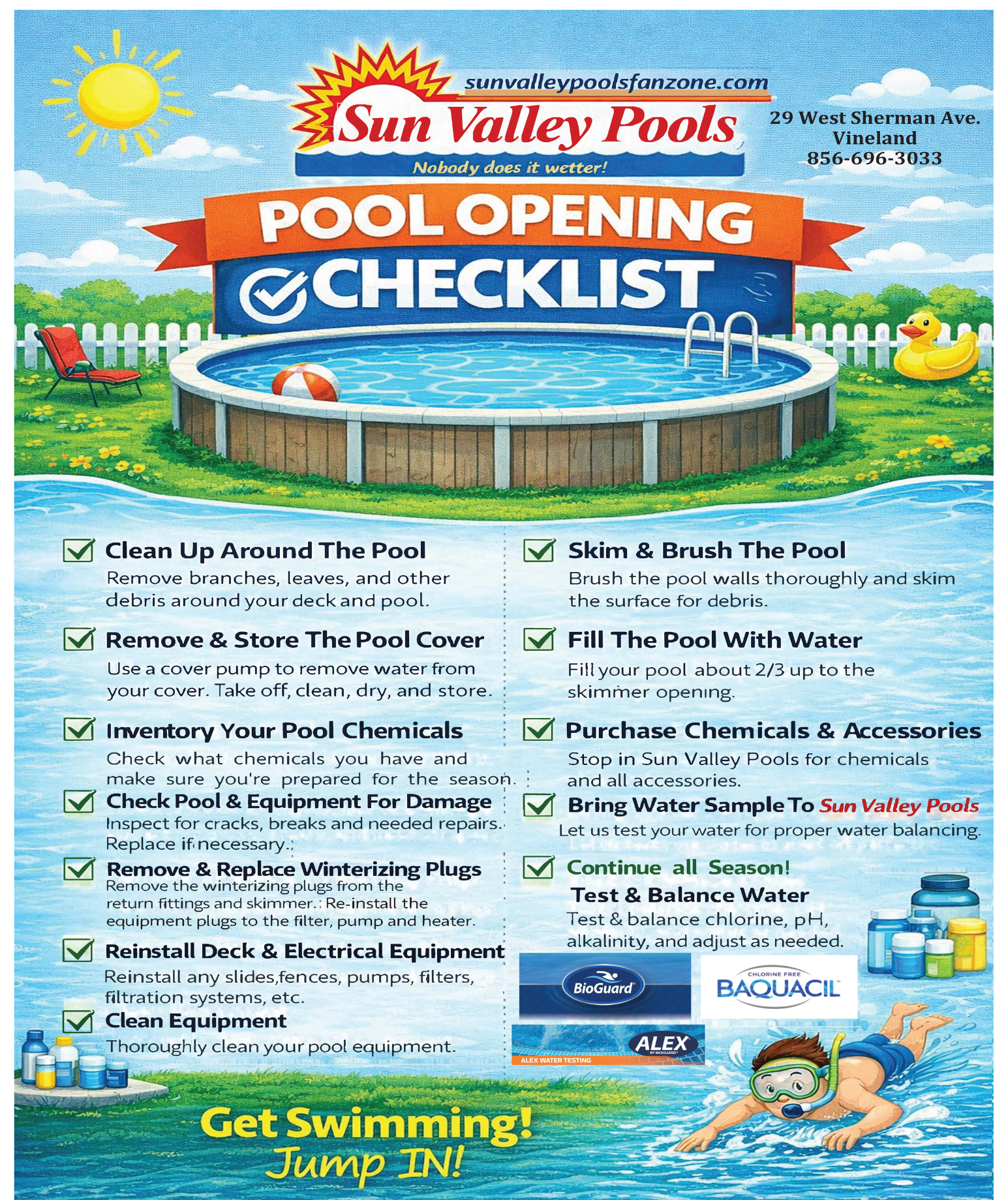 Sun Valley Pools “Pool Opening Checklist” poster with pool maintenance tips and blue water scene