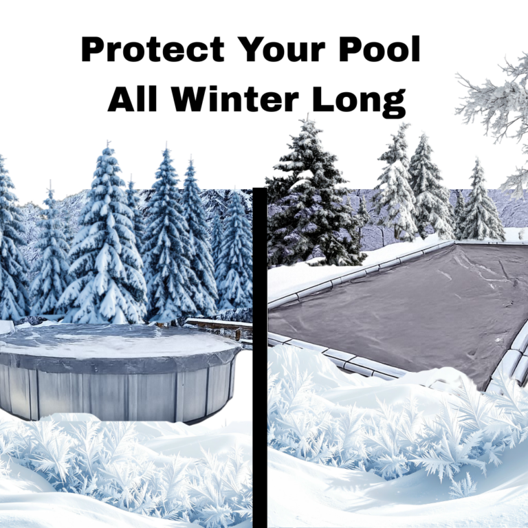 Winter pool cover ad showing an above-ground pool covered in snow and a winterized inground pool.