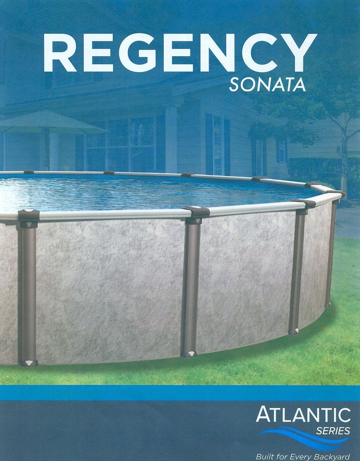 Blue above-ground pool ad with “Regency Sonata” and Atlantic pool branding