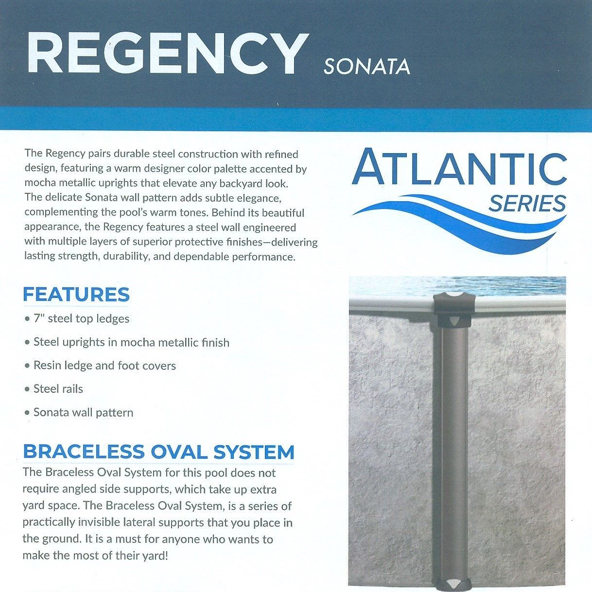Atlantic Series Regency Sonata brochure with blue header, features text, and a black railing post photo