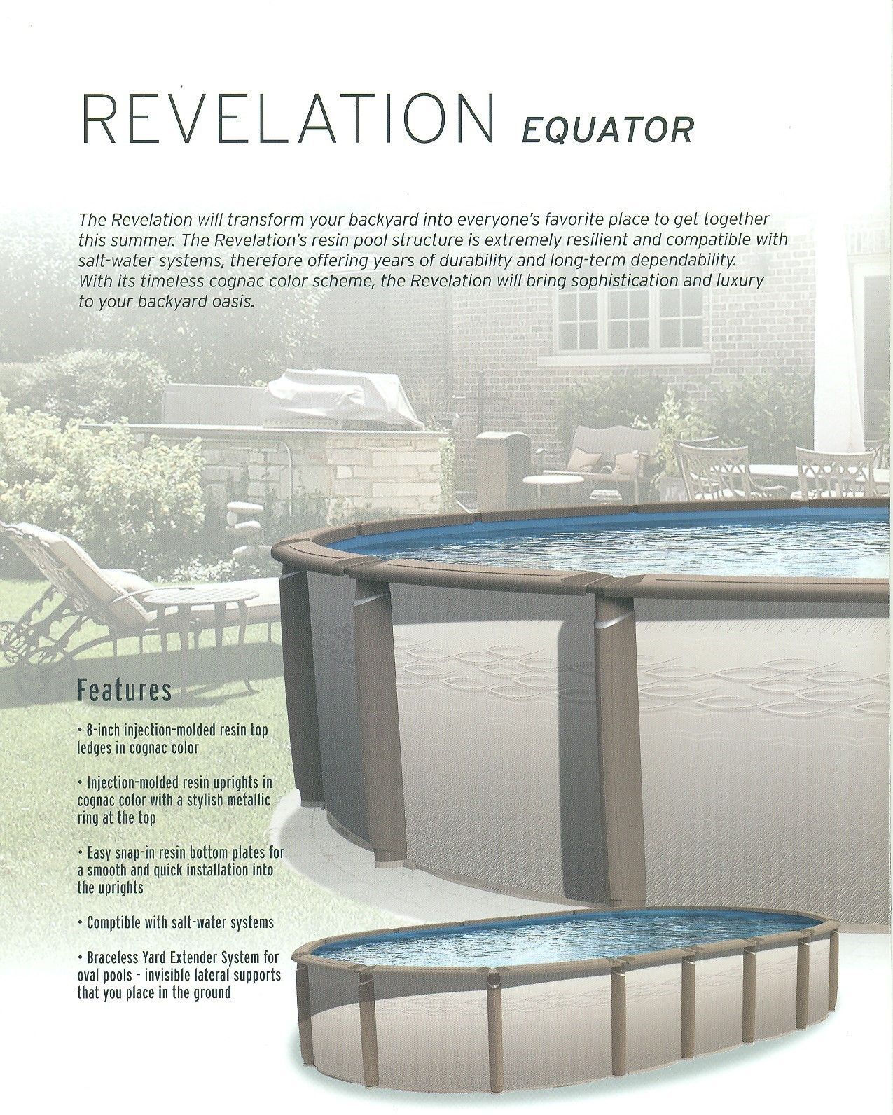 Promotional rendering of an Equator above-ground pool with glass sides and blue water in a backyard setting