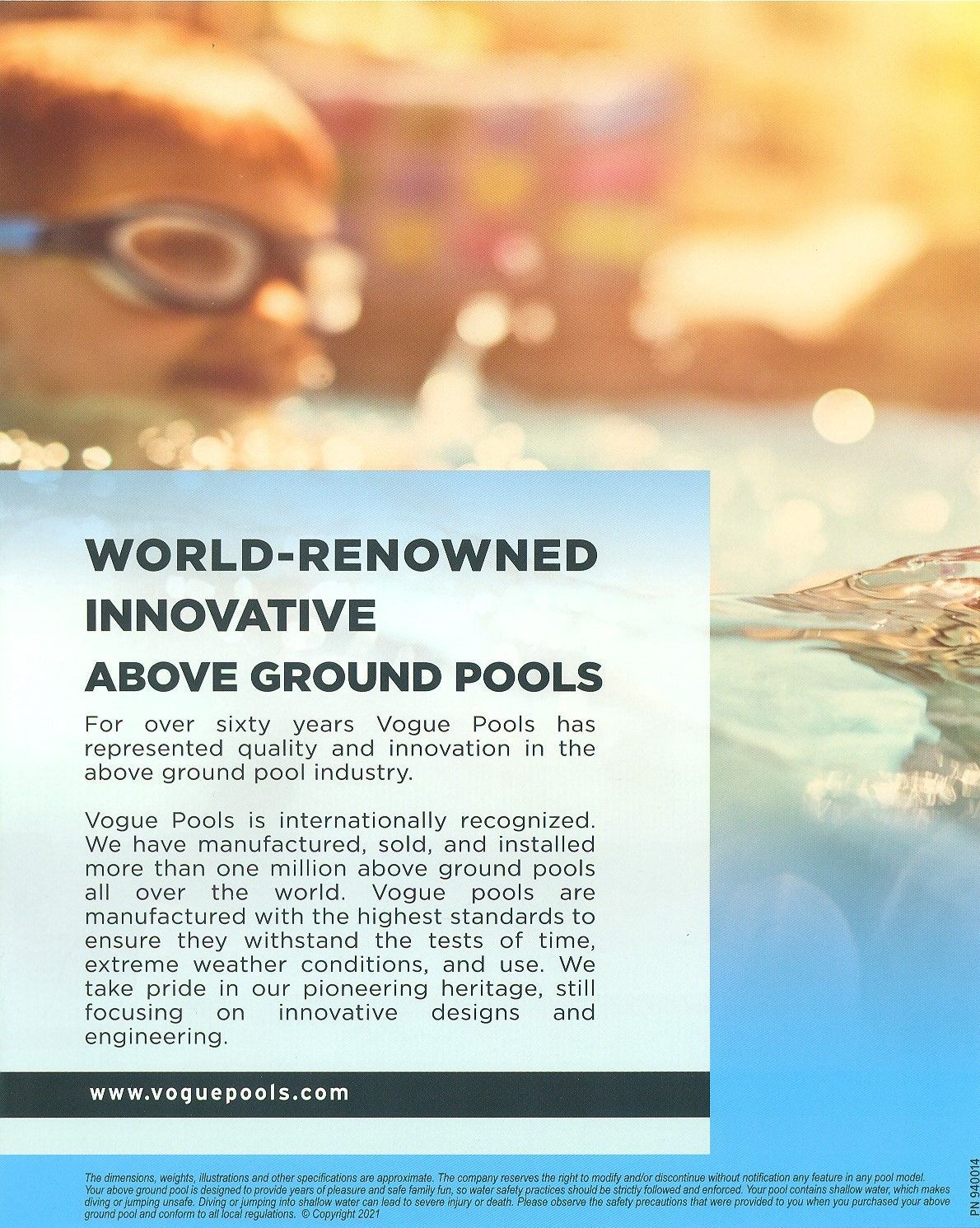 Promo flyer with pool water and a blurred swimmer, headline “World-renowned innovative above ground pools”