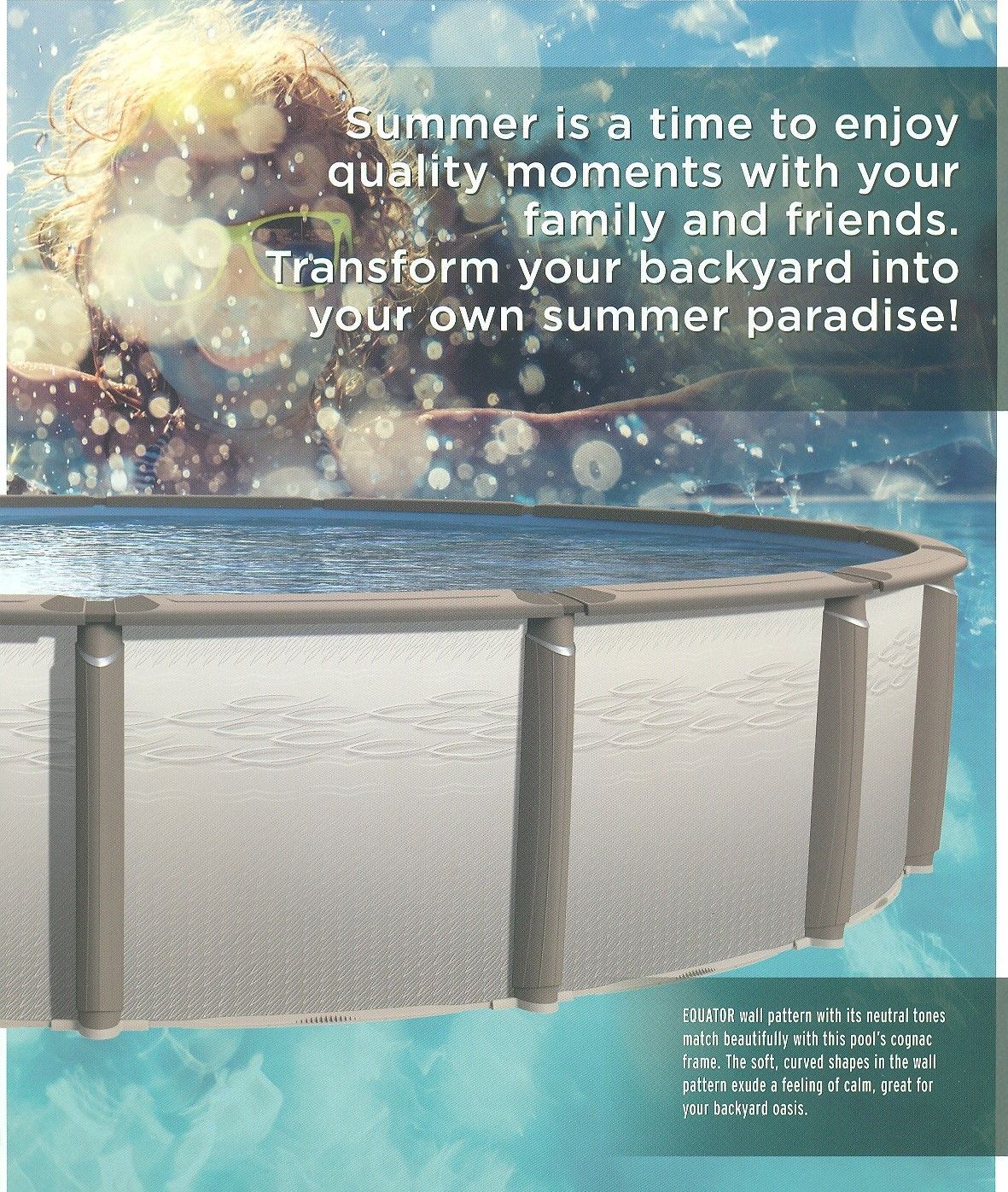 Outdoor above-ground pool with blue water and promotional summer text on a sunny backyard scene