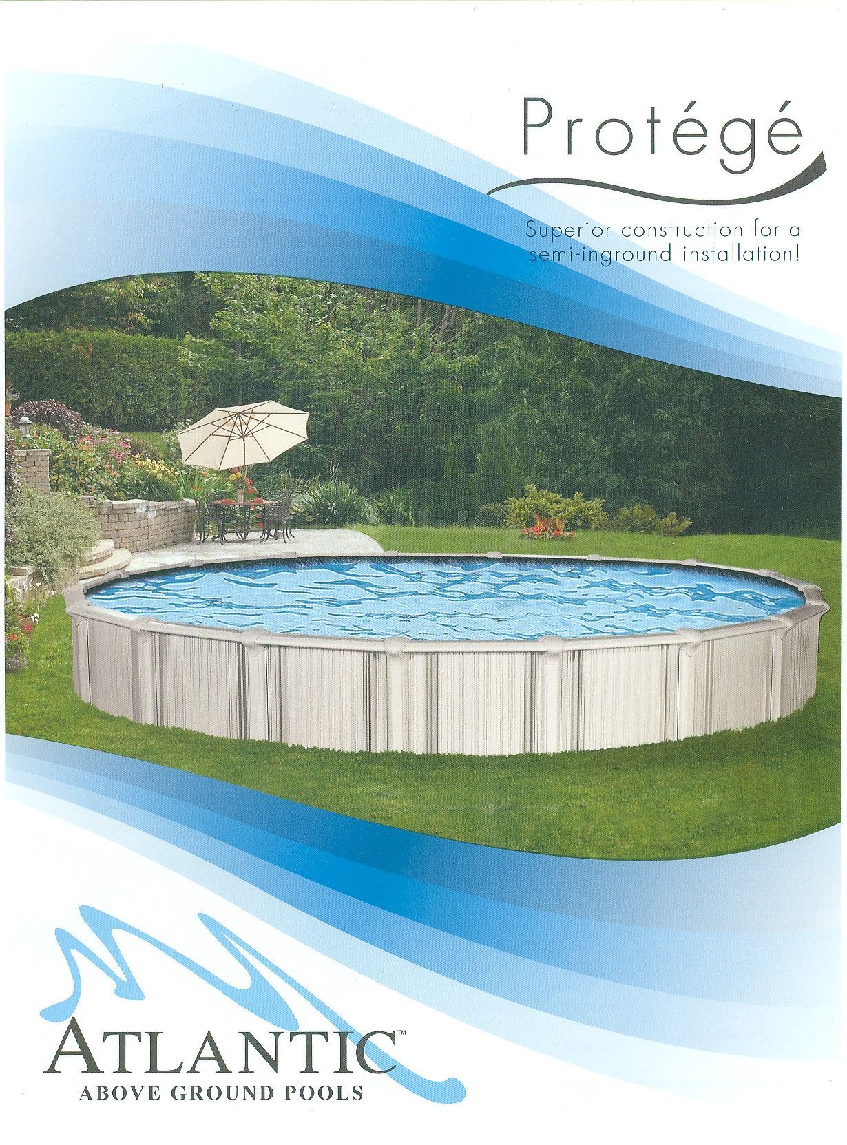 Round above-ground pool with cover in a grassy yard, under the Atlantic logo and “Protégé” text