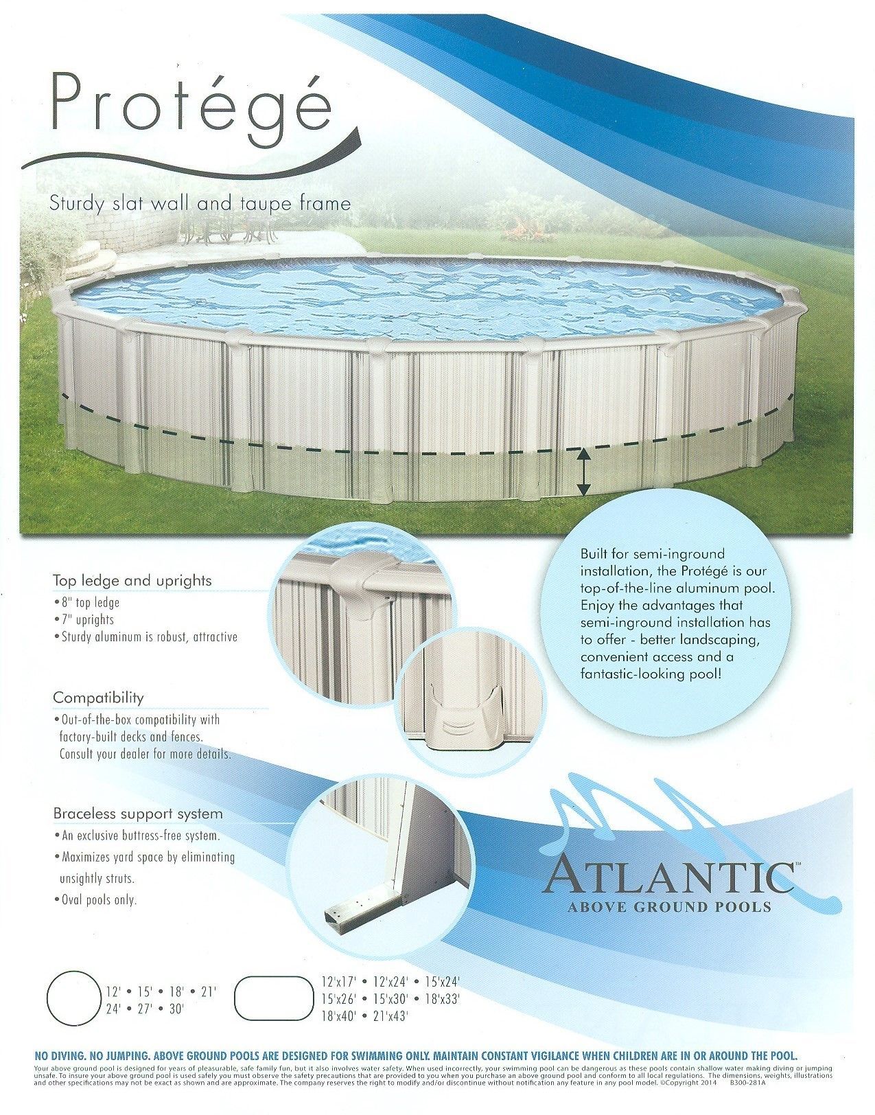 Promotional ad for an above-ground pool with blue water, white siding, and Atlantic branding.