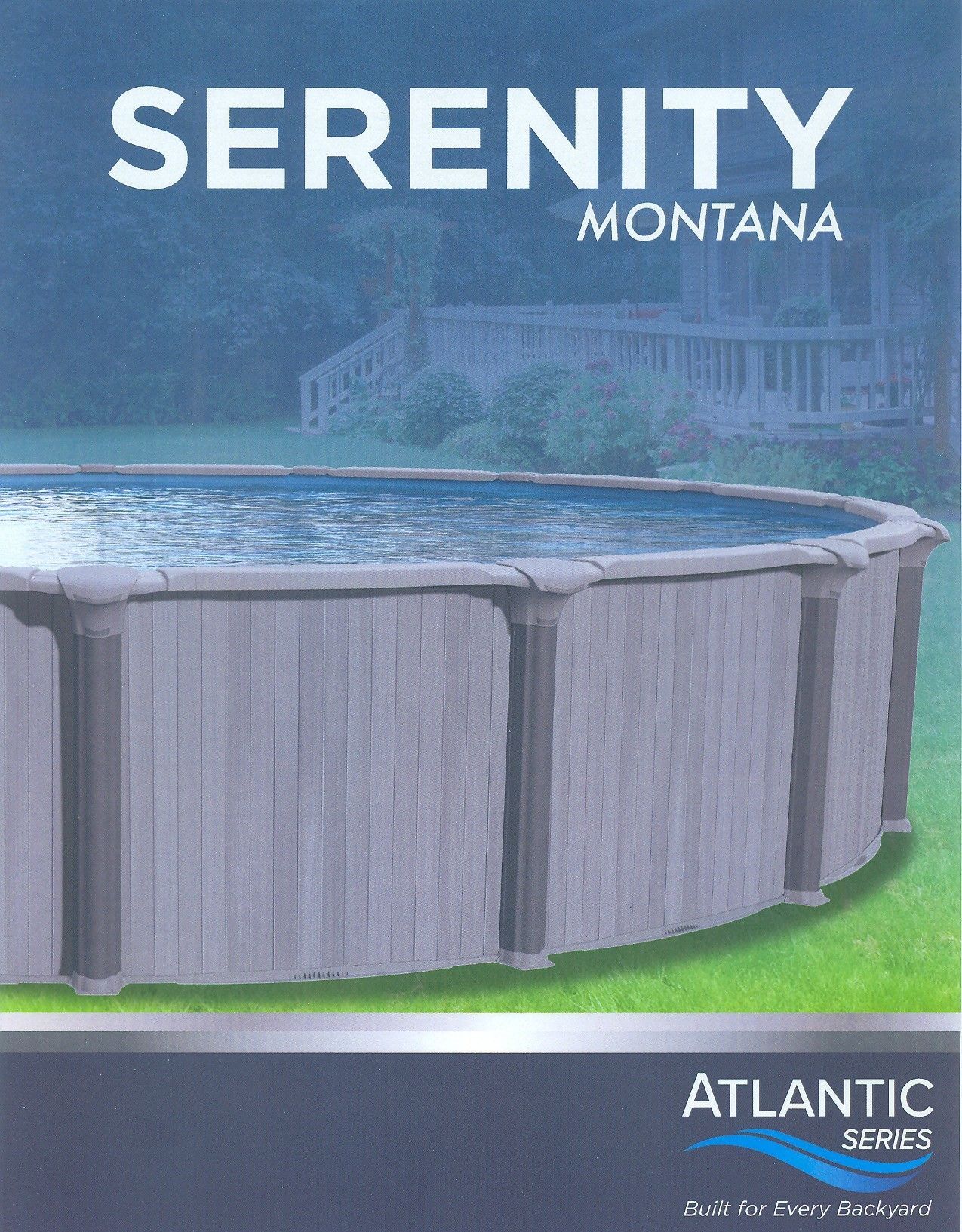 Above-ground pool with blue water, labeled “Serenity Montana” and Atlantic branding.
