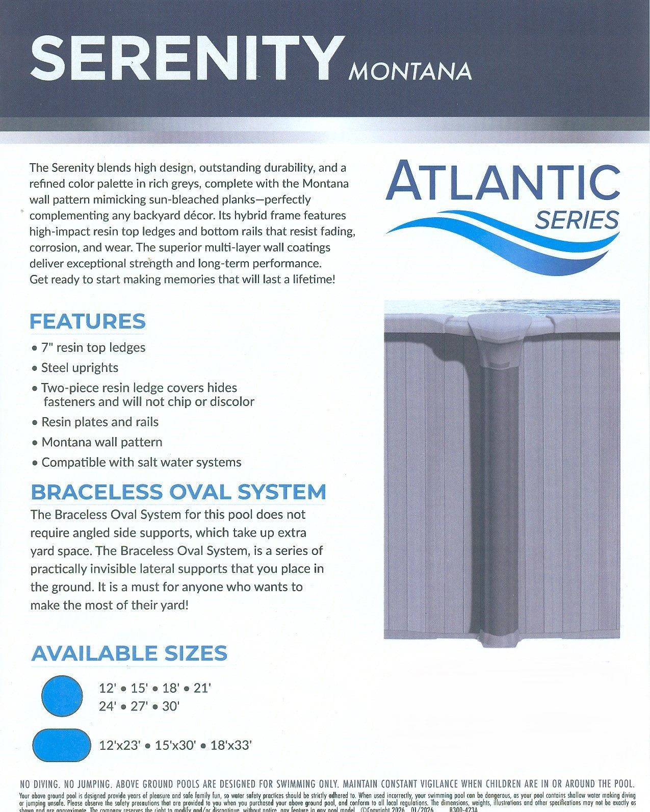 Montana Serenity Atlantic Series brochure showing features, sizes, and a blue hot tub