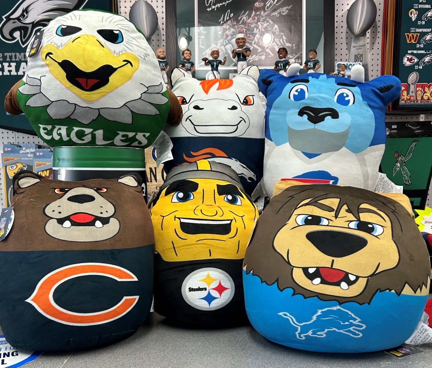 Row of colorful NFL team mascot bean bags and pillows, including Eagles, Bears, Steelers, Cowboys, and Lions logos.