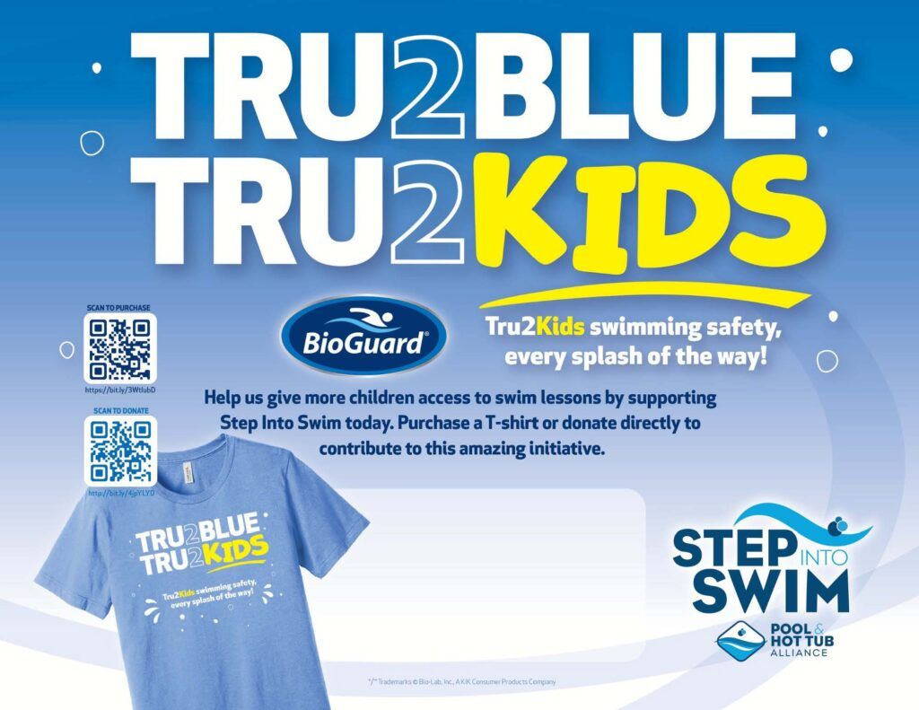 Blue-and-yellow Tru2Blue Tru2Kids Swim campaign ad with T-shirt and Step 2 Swim logo