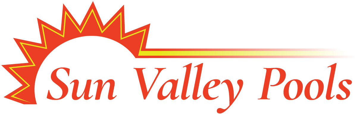 Sun Valley Pools logo with orange sunburst above orange italic text on a white background