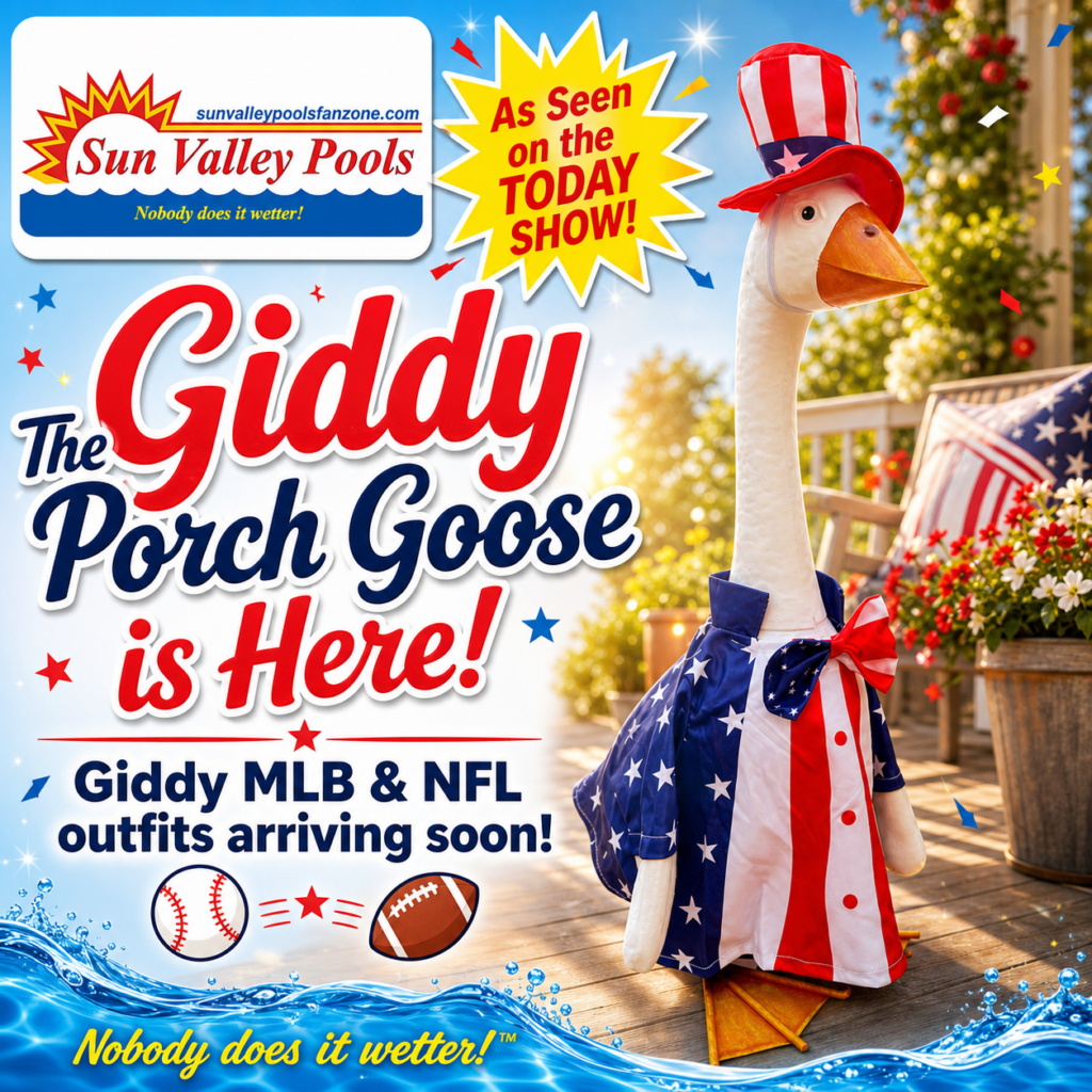 Festive goose lawn ornament in red, white and blue outfit with “Giddy Porch Goose” ad text and holiday decor