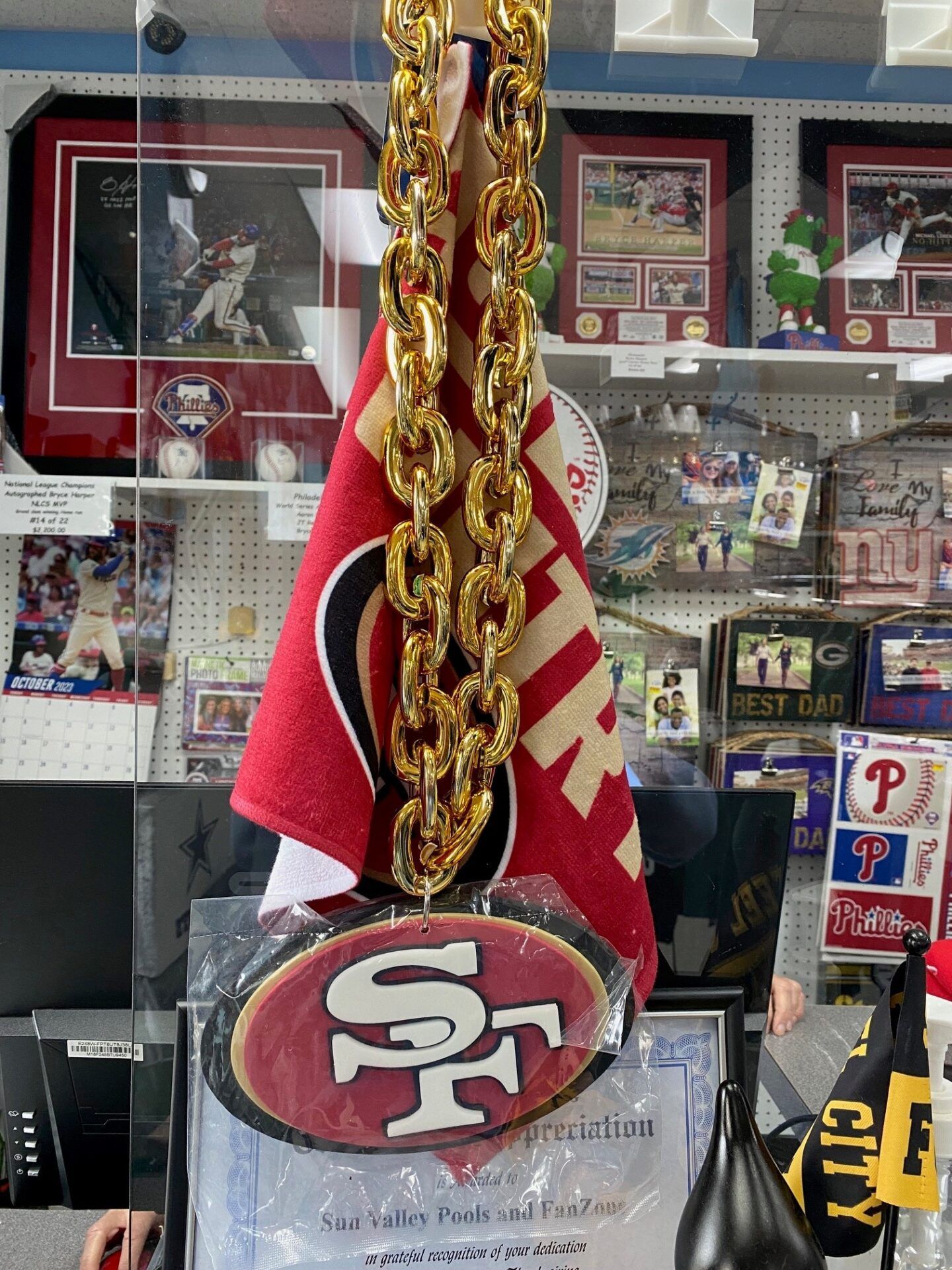 San Francisco 49ers pendant on a gold chain hanging in a sports memorabilia shop window