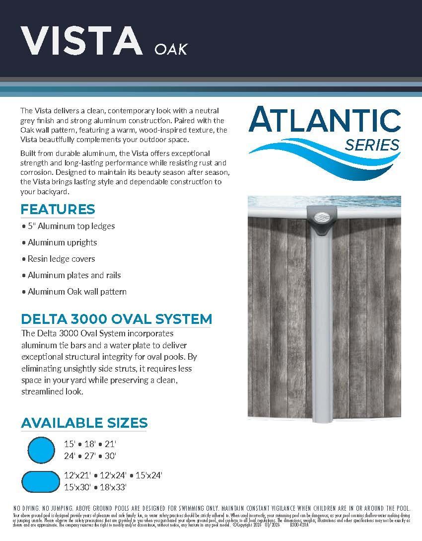Vista Oak Atlantic Series pool liner ad with features, sizes, and product photo