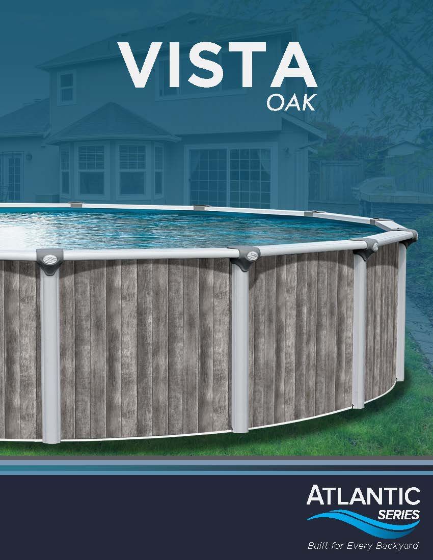 Round above-ground pool with wood-look sides and 