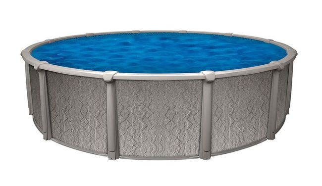 Round above-ground pool filled with blue water, with gray exterior panels