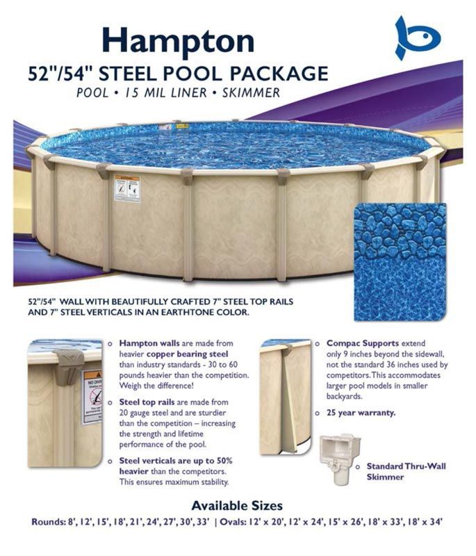 Promotional ad for Hampton 52' x 54' steel pool package with blue liner and skimmer, shown in beige and blue