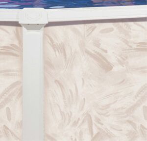 White vertical post against a cream patterned wall beneath a blue ledge