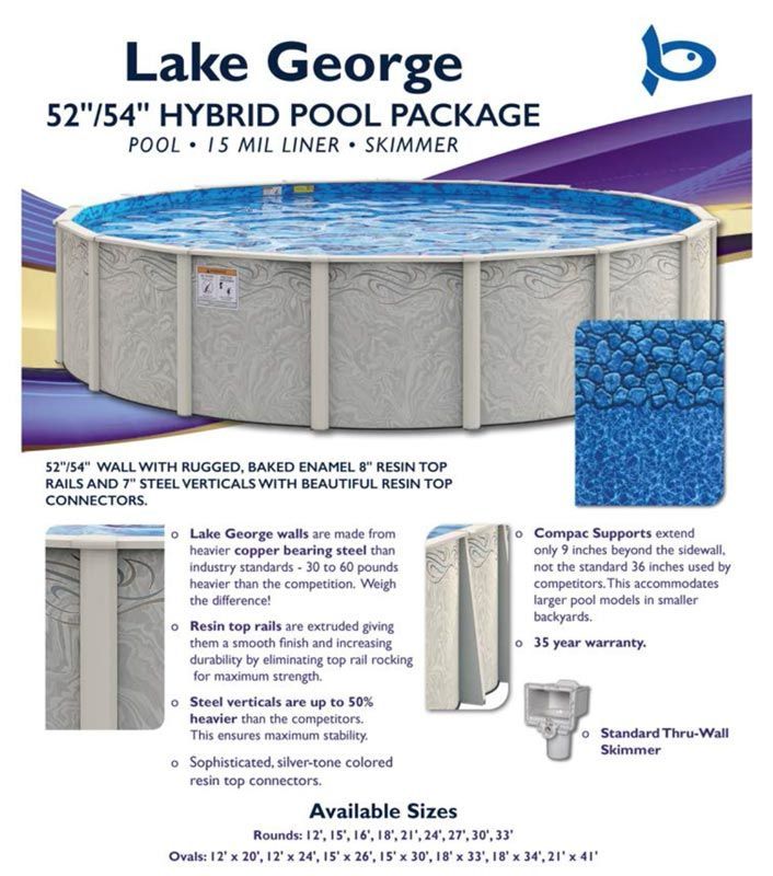 Lake George 52x54 hybrid pool package ad with gray pool, blue water, and product details on white background