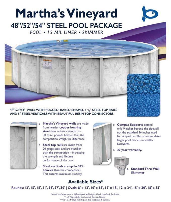 Martha’s Vineyard steel pool package ad with white round pool and blue liner, multiple sizes listed
