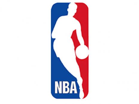 NBA logo: white basketball player silhouette on a blue-and-red vertical background