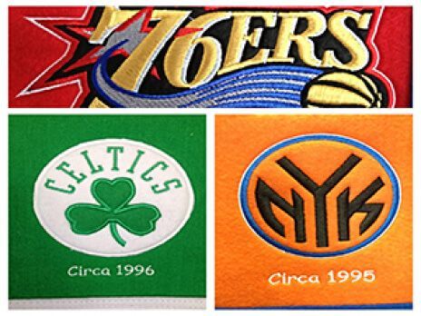 Philadelphia 76ers, Boston Celtics, and New York Knicks logos on a red and green sports graphic