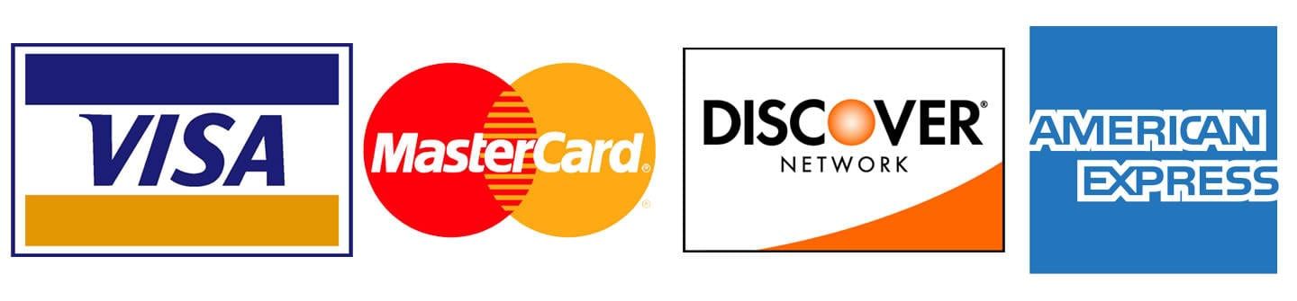 Logos for Visa, Mastercard, Discover, and American Express credit cards.