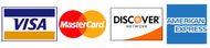 Logos for Visa, Mastercard, Discover, and American Express credit cards.