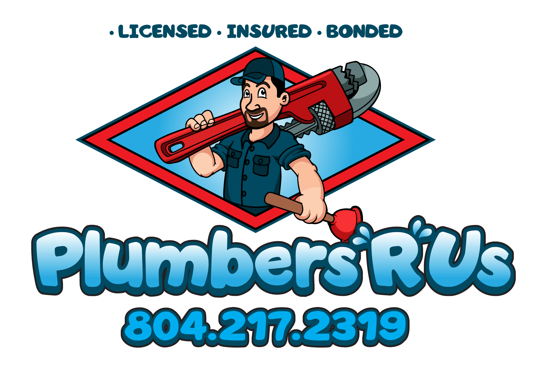 Logo for Plumbers 'R' Us, featuring a cartoon plumber holding a wrench and plunger; phone number 804.217.2319.