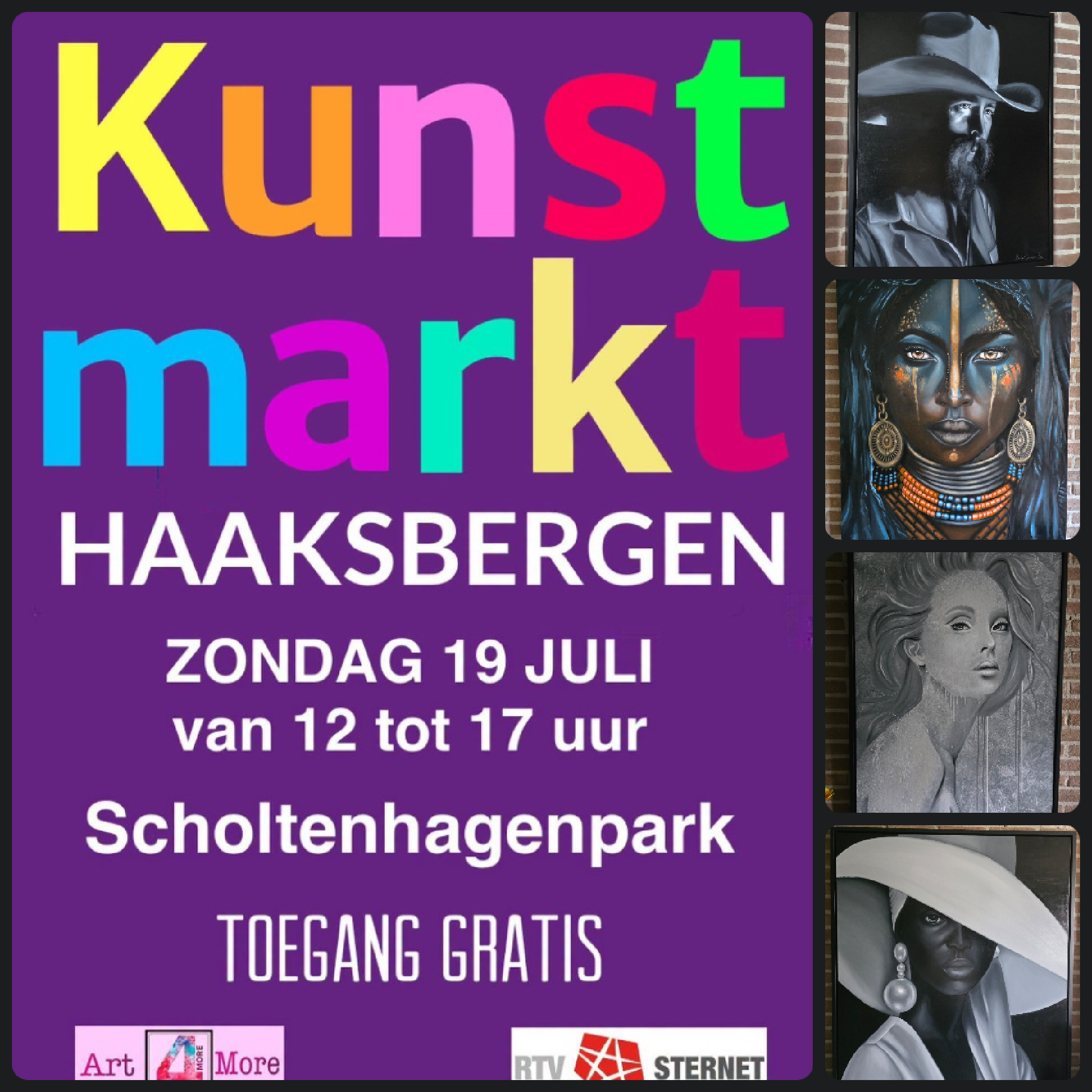 Poster van de Kunstmarkt Haaksbergen in paars met kleurrijke tekst, kunstportretten,