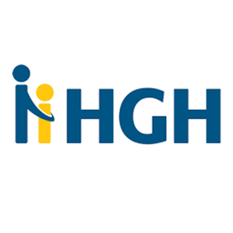 Un logo bleu et jaune pour nhgh avec une personne tenant un enfant.