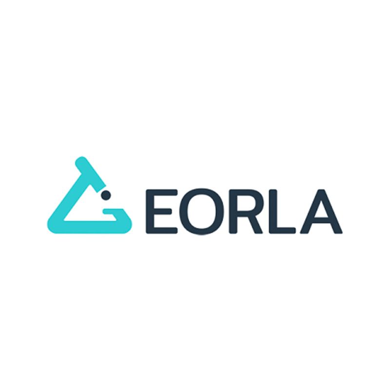 Le logo d'eorla est bleu et noir et ressemble à un triangle.