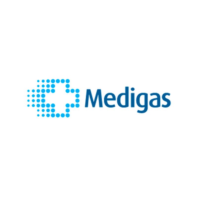 Un logo Medigas avec une croix bleue sur fond blanc