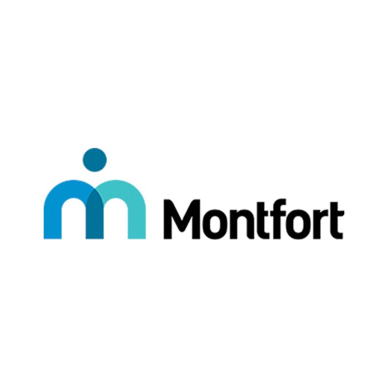Le logo montfort est un logo bleu et noir avec une personne au milieu.