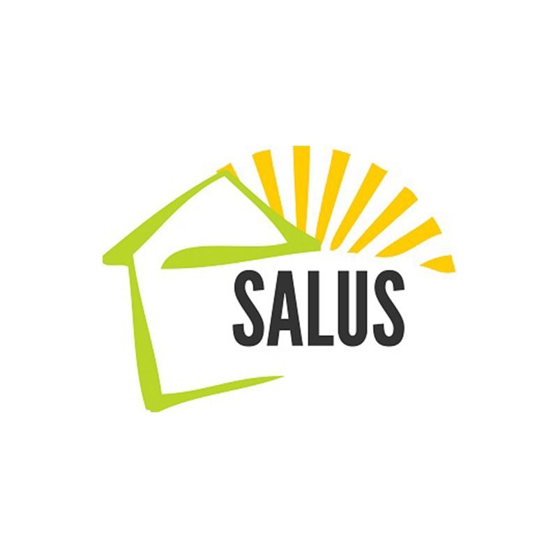 Un logo pour une entreprise appelée Salus avec une maison et un soleil
