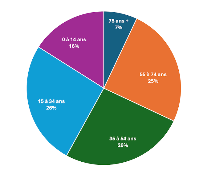 Diagramme circulaire montrant la répartition par âge : 0-14 (16%), 15-34 (20%), 35-54 (26%), 55-74 (25%), 75+ (7%).