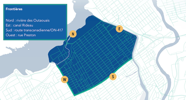 Une carte bleue et blanche d'une ville avec le mot frontières dessus