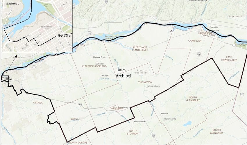 Carte du territoire indiquant la zone Ottawa Est et les limites des Comtés de Prescott-Russell et ses huit municipalités