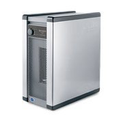 Silver tower-style air purifier with black trim and front grille on a white background