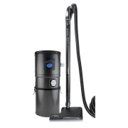 Black canister vacuum cleaner with hose and floor head on a white background